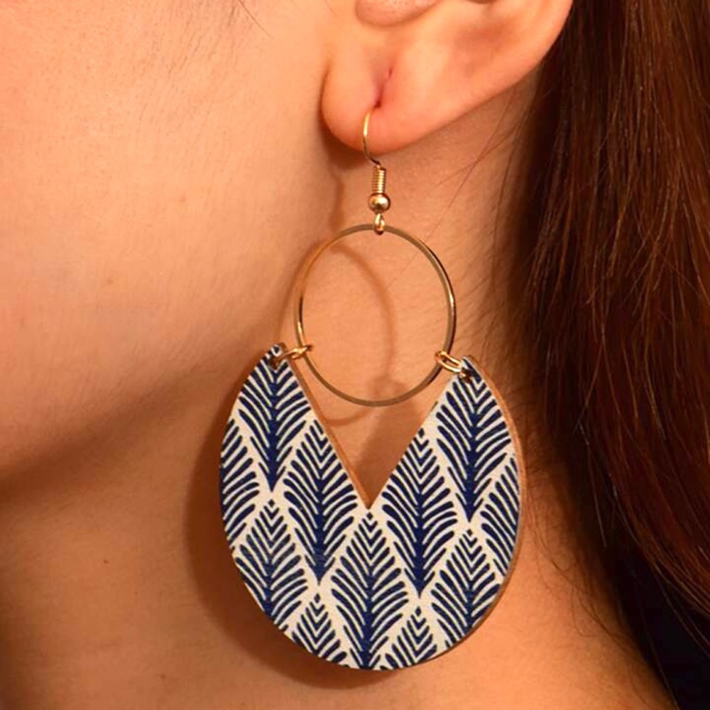 Wooden Blue & White Geometric Leaf Pattern Earrings